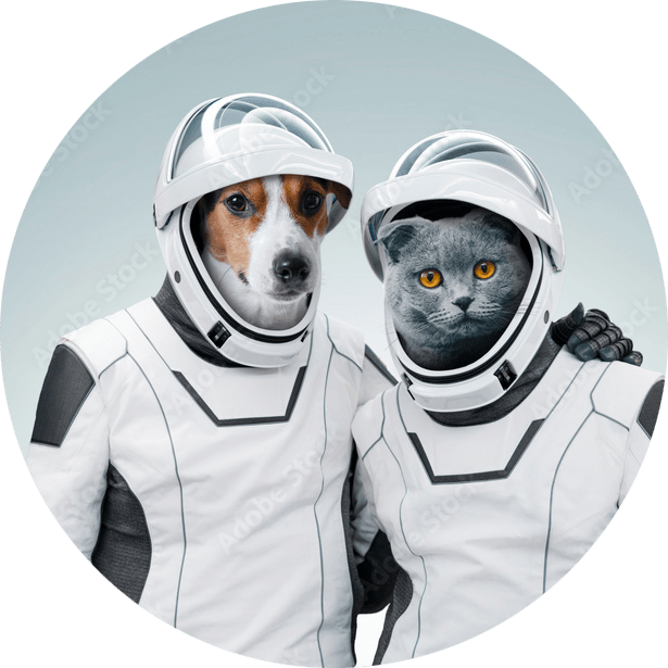 a dog and a cat in futuristic astronaut outfits posing together for a picture.