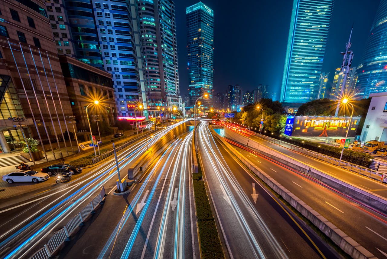 a busy interchange in a futuristic city